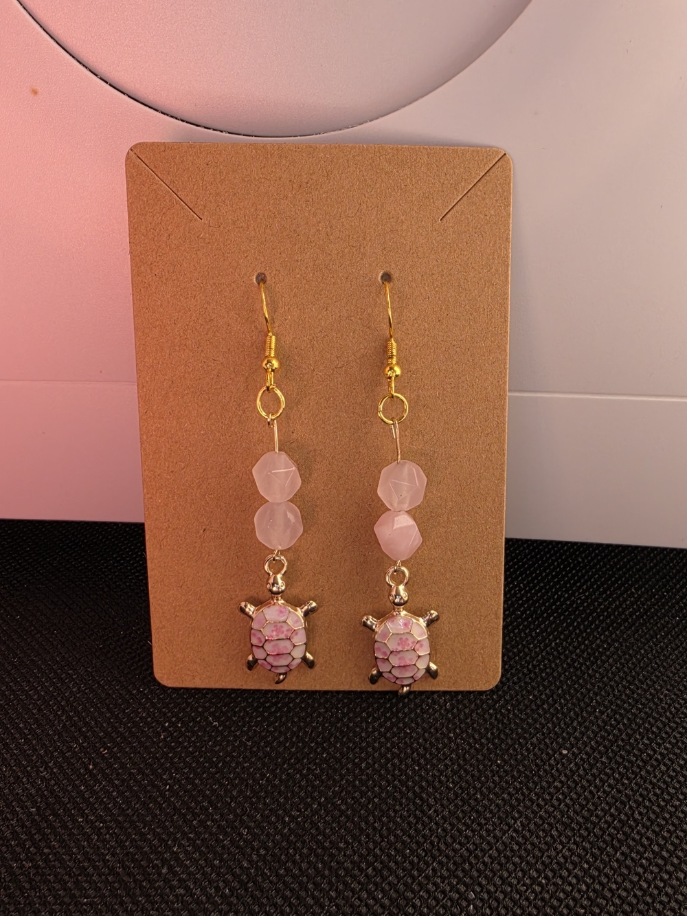 Gold Turtle Drop Earrings with Rose Quartz Beads